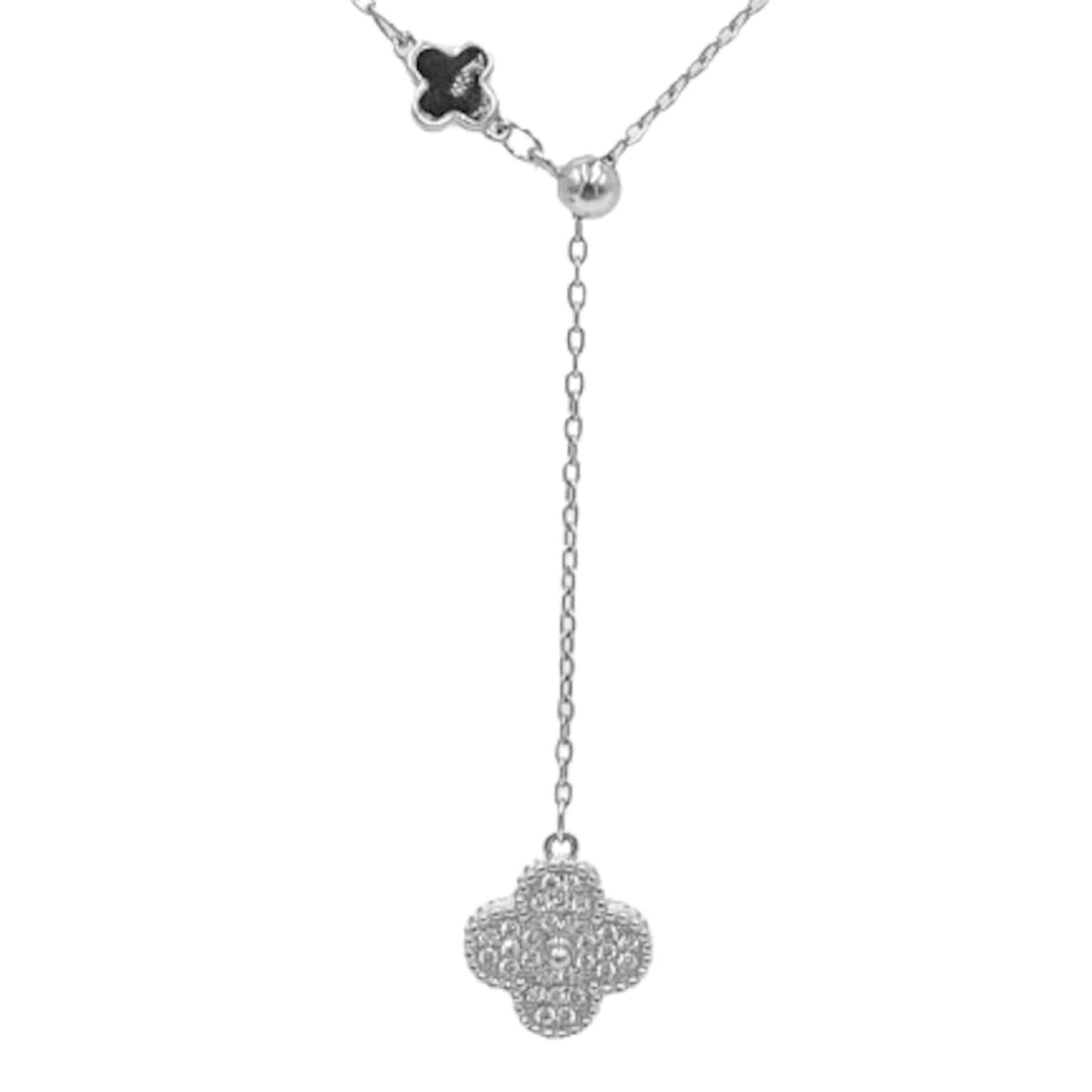 Collar Gargantilla Lariat Plata Rodio Trébol Pavé Circonitas y Trébol Esmalte Negro. Joyeria Osnor
