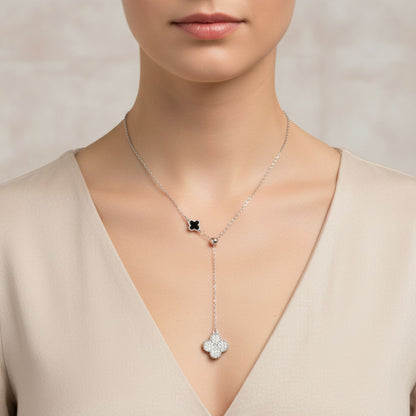 Collar Gargantilla Lariat Plata Rodio Trébol Pavé Circonitas y Trébol Esmalte Negro. Joyeria Osnor