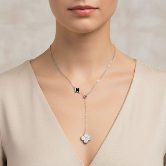 Collar Gargantilla Lariat Plata Rodio Trébol Pavé Circonitas y Trébol Esmalte Negro. Joyeria Osnor