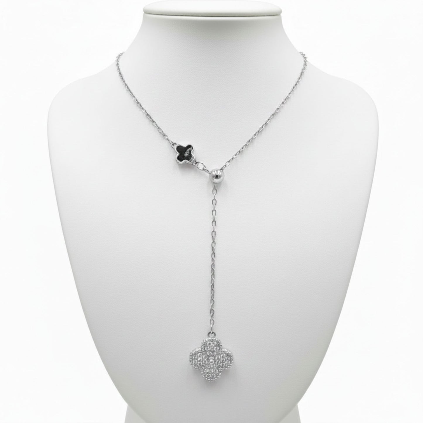 Collar Gargantilla Lariat Plata Rodio Trébol Pavé Circonitas y Trébol Esmalte Negro. Joyeria Osnor