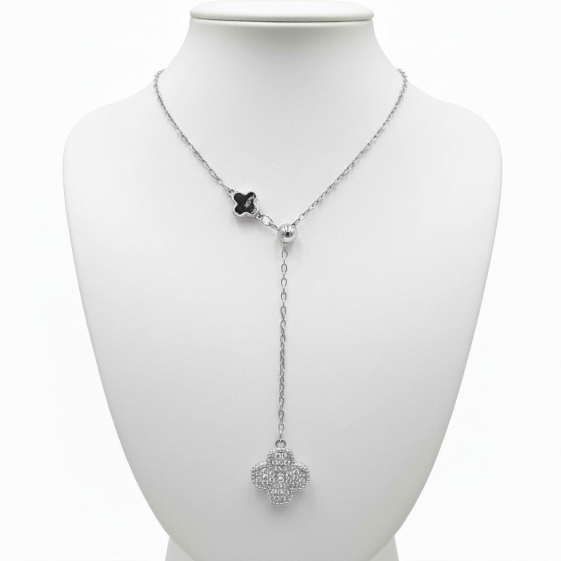 Collar Gargantilla Lariat Plata Rodio Trébol Pavé Circonitas y Trébol Esmalte Negro. Joyeria Osnor
