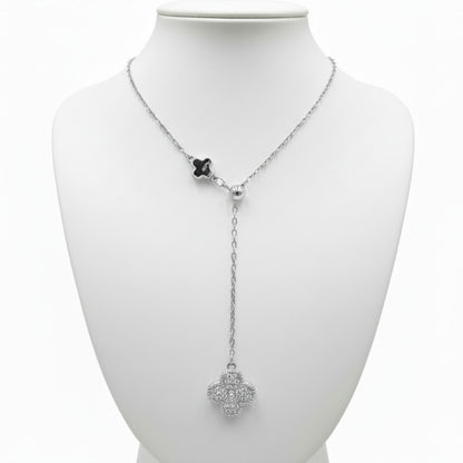 Collar Gargantilla Lariat Plata Rodio Trébol Pavé Circonitas y Trébol Esmalte Negro. Joyeria Osnor