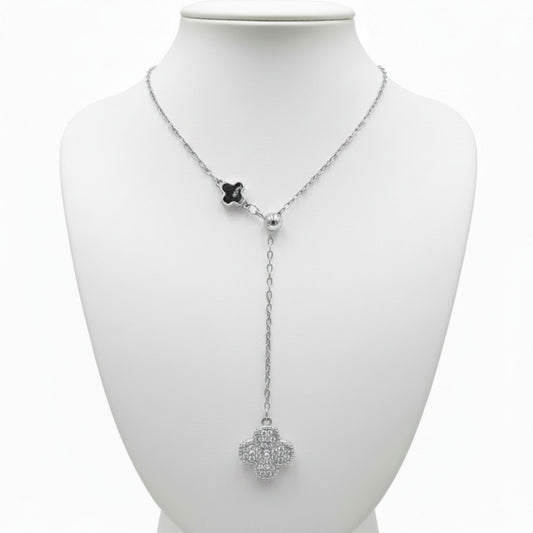 Collar Gargantilla Lariat Plata Rodio Trébol Pavé Circonitas y Trébol Esmalte Negro. Joyeria Osnor