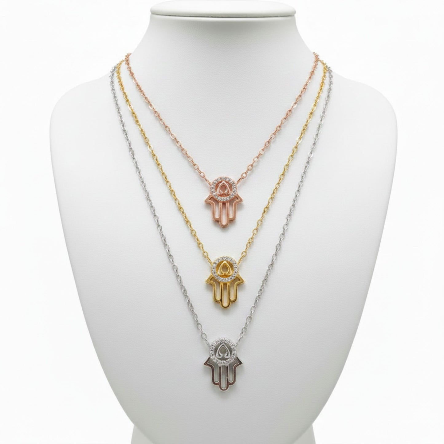 Collar Gargantilla Mano de Fátima Tricolor Plata con Circonitas Blancas.Joyeria Osnor