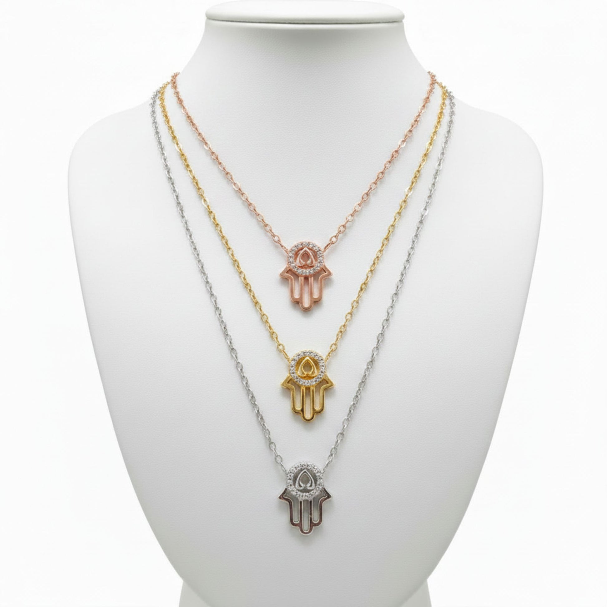 Collar Gargantilla Mano de Fátima Tricolor Plata con Circonitas Blancas.Joyeria Osnor
