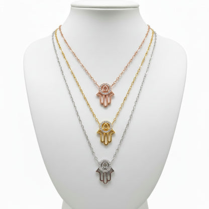 Collar Gargantilla Mano de Fátima Tricolor Plata con Circonitas Blancas.Joyeria Osnor