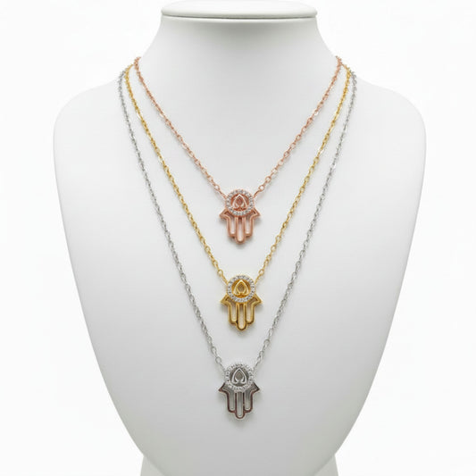 Collar Gargantilla Mano de Fátima Tricolor Plata con Circonitas Blancas.Joyeria Osnor