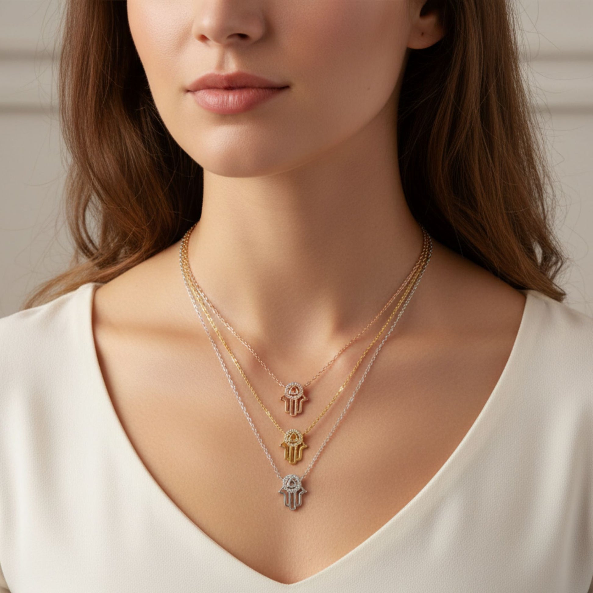 Mujer Luciendo Collar Gargantilla Mano de Fátima Tricolor Plata con Circonitas Blancas.Joyeria Osnor