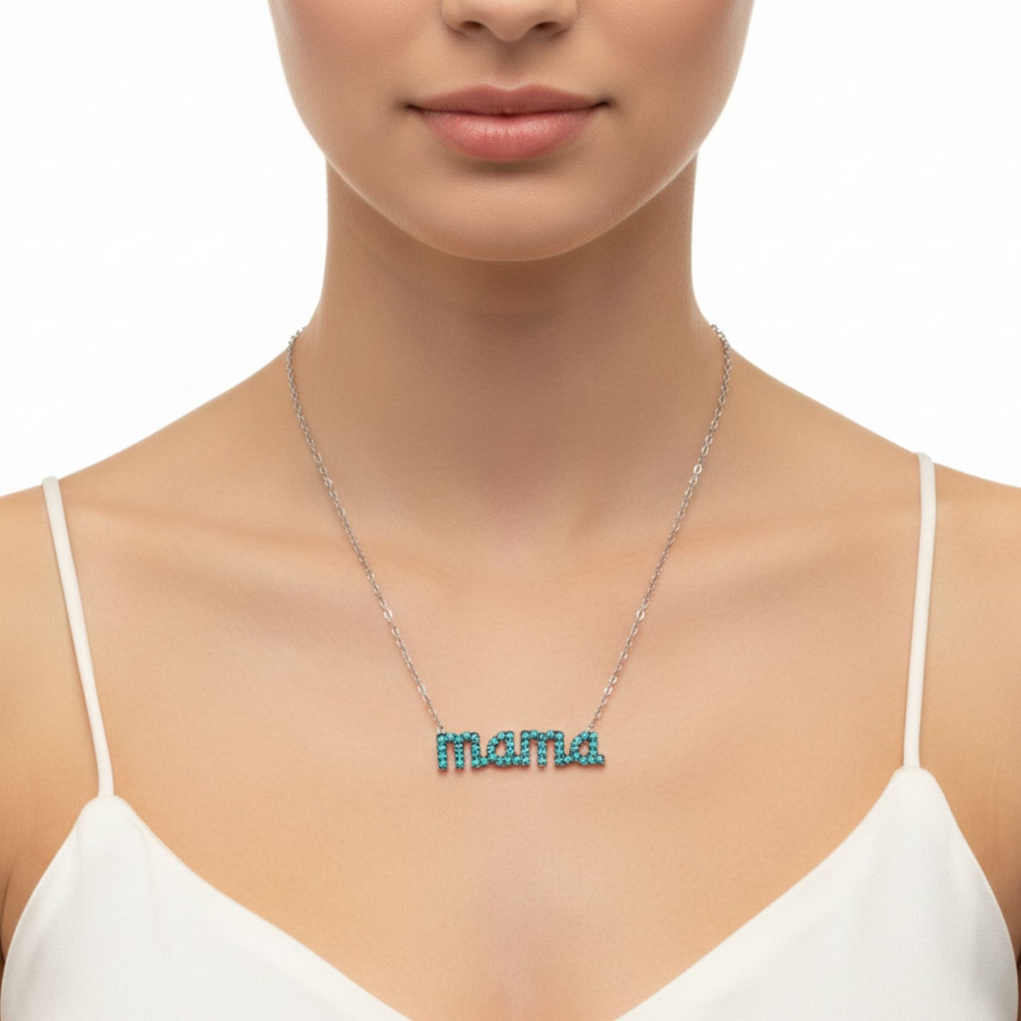 Mujer Luciendo Collar Gargantilla Mamá Plata con Rodio y Turquesa Natural. joyeria osnor