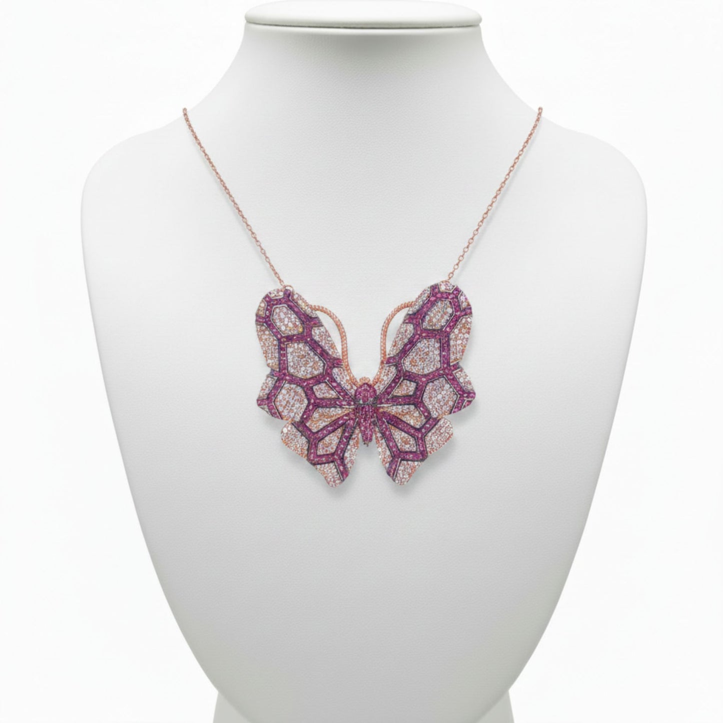 Collar Gargantilla Mariposa Plata Rosa con Circonitas Blancas y Rojas. Joyeria Osnor