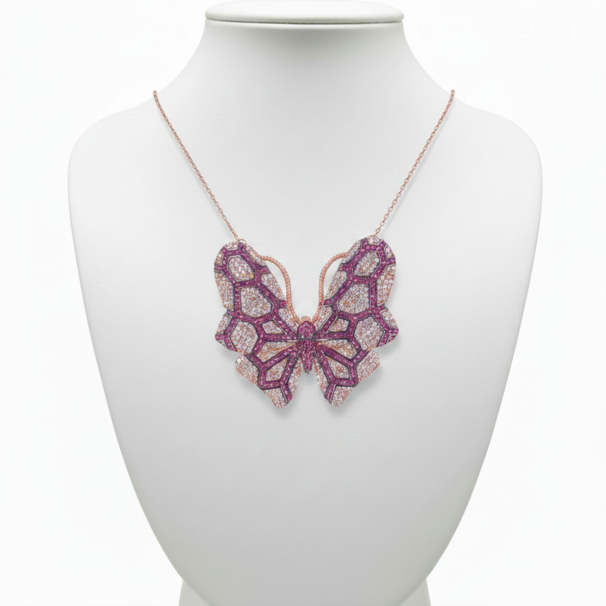 Collar Gargantilla Mariposa Plata Rosa con Circonitas Blancas y Rojas. Joyeria Osnor
