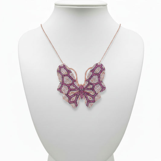 Collar Gargantilla Mariposa Plata Rosa con Circonitas Blancas y Rojas. Joyeria Osnor