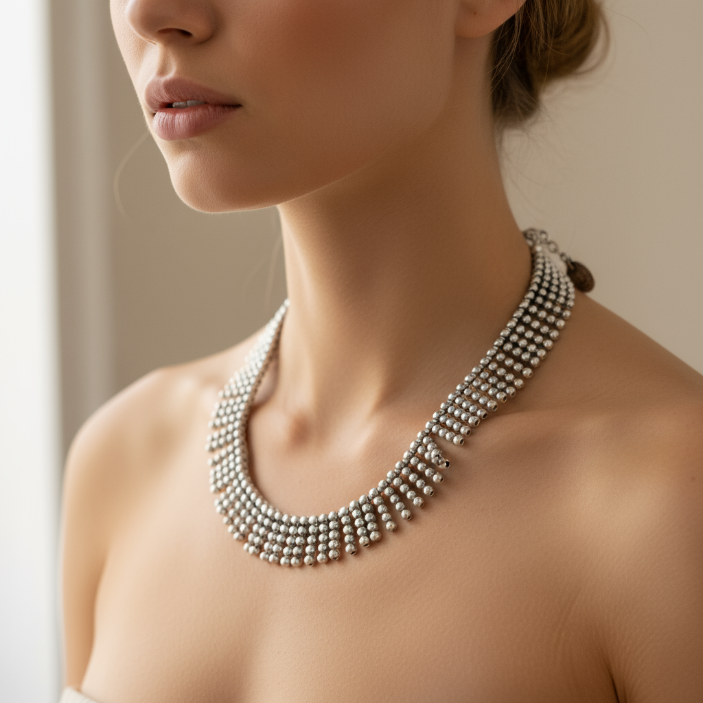 Modelo luciendo Collar - gargantilla de Zamak Joyería Osnor
