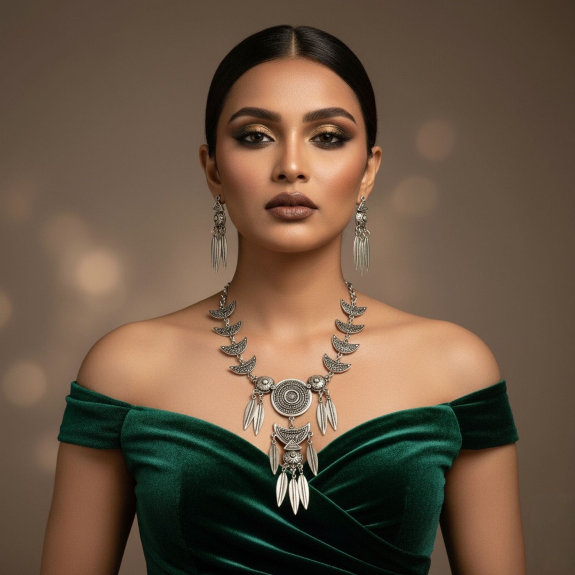 Collar statement de zamak con plumas atrapasueños - hipoalergénico-Diseño bohemio - Joyería Osnor
