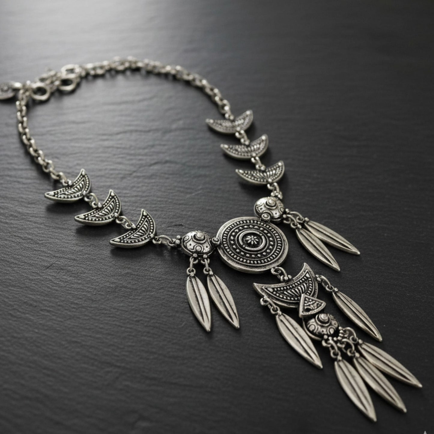 Collar de zamak con atrapasueños y plumas colgantes - hipoalergénico-Collar statement - Joyería Osnor
