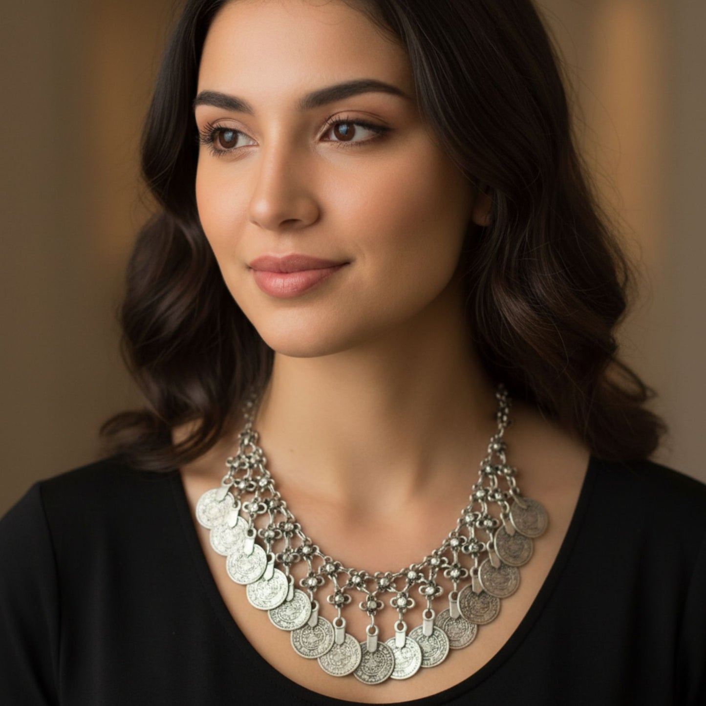 Collar de monedas de zamak plateado puesto - gargantilla bohemia hipoalergénico- Joyería Osnor
