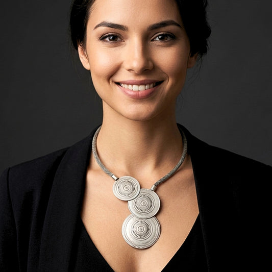 Mujer luciendo collar zamak unisex medallones, Joyeria Osnor Zamak