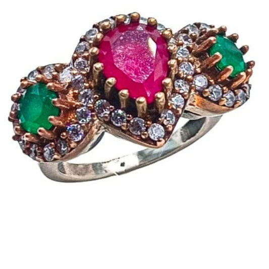 SILVER AND BRONZE RING WITH SILVER FINISH, NATURAL STONES AND ZIRCONIAS
