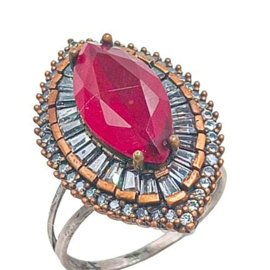 SILVER AND BRONZE RING WITH SILVER FINISH, NATURAL STONE AND ZIRCONIAS