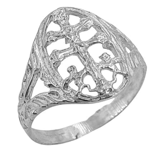 SILVER RING WITH CARAVACA CROSS, BRIGHT ENGRAVED SILVER FINISH