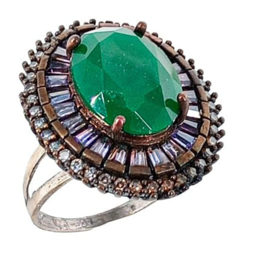 SILVER AND BRONZE RING WITH SILVER FINISH, NATURAL STONE AND ZIRCONIAS
