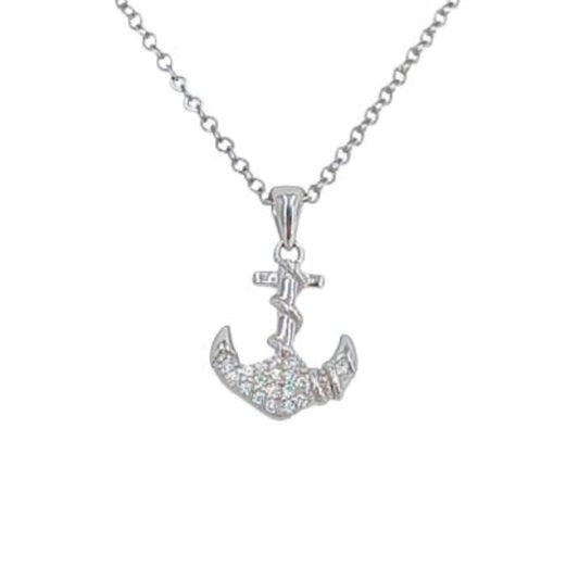 Anchor pendant in silver with rhodium finish and cubic zirconia