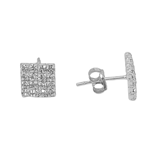 SQUARE SILVER EARRINGS WITH SILVER FINISH, PRESSURE CLOSURE AND ZIRCONIAS