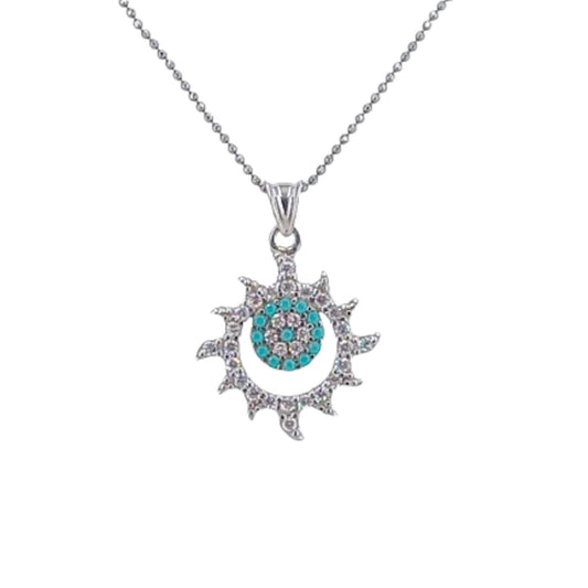 SILVER SUN PENDANT WITH RHODIUM FINISH, ZIRCONIAS AND TURQUOISE