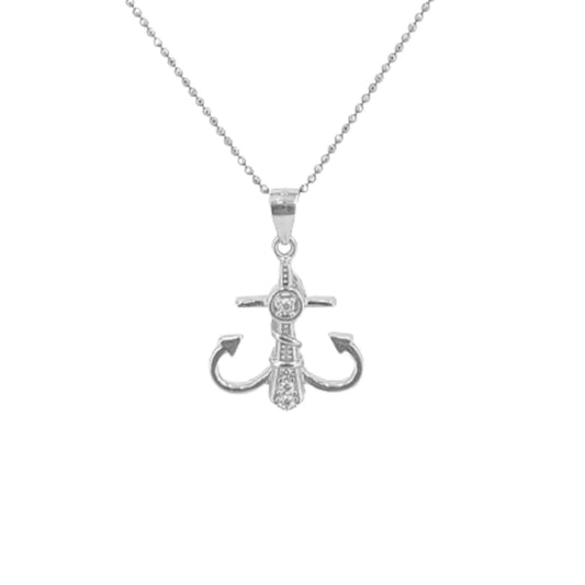 Anchor pendant in silver with rhodium finish and cubic zirconia