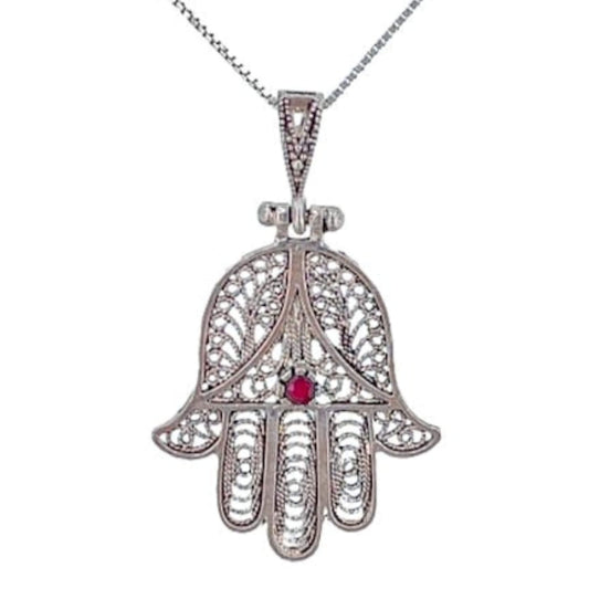 Fatima Hand Pendant, Silver with Aged Finish and Cubic Zirconia