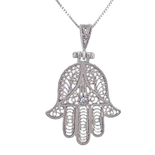 Fatima Hand Pendant, Silver with Aged Finish and Cubic Zirconia
