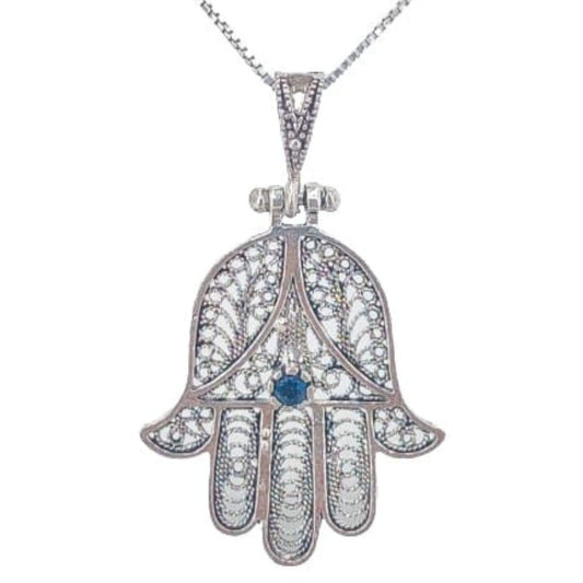 Fatima Hand Pendant, Silver with Aged Finish and Cubic Zirconia