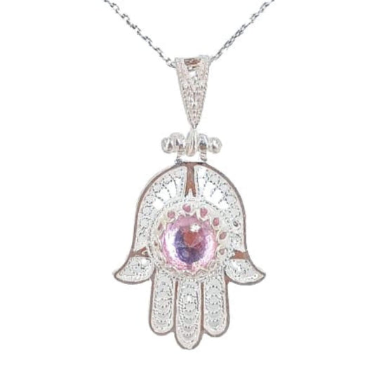 Fatima Hand Pendant, Silver Finished with Cubic Zirconia