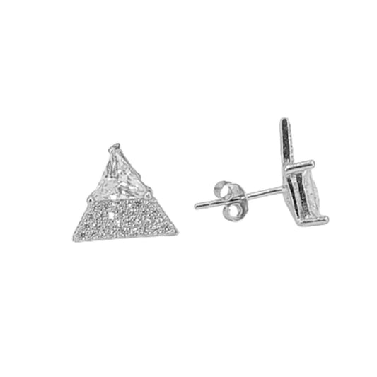 Triangle earrings in silver with rhodium finish, cubic zirconia, and push-back closure.
