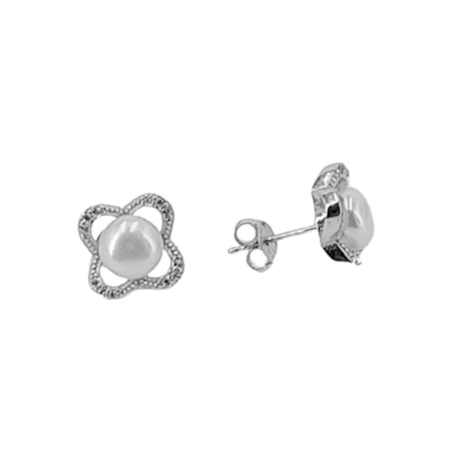 SILVER EARRINGS WITH RHODIUM FINISH, PEARL, AND PRESSURE CLOSURE