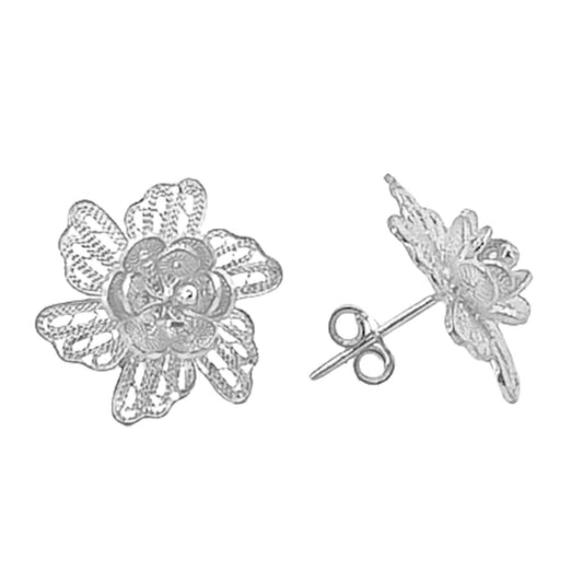 Flower earrings, silver finish, push-back closure
