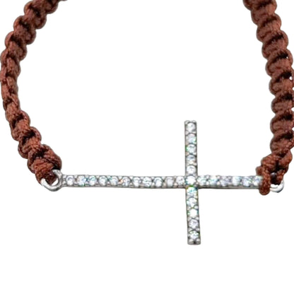 PULSERA HILO MARRON CRUZ PLATA ACABADO RODIO CIRCONITAS