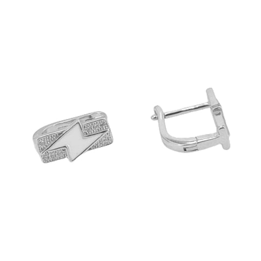 Silver earrings with rhodium finish, enamel, cubic zirconia, and Catalan clasp.