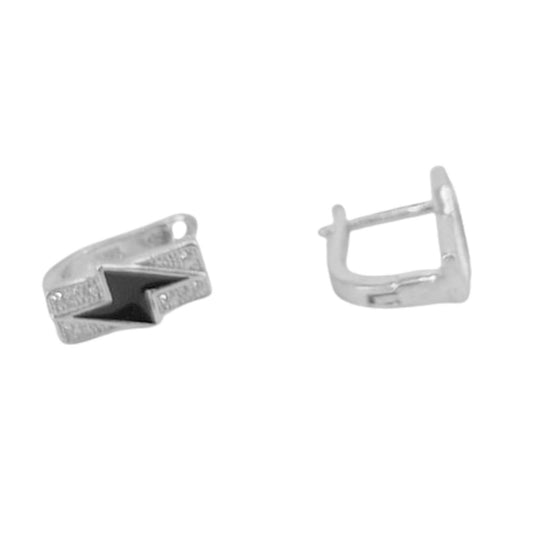 Silver earrings with rhodium finish, enamel, cubic zirconia, and Catalan clasp.