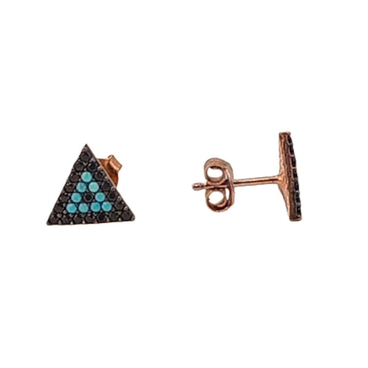 SILVER EARRINGS WITH ROSE FINISH, BLACK AND NATURAL TURQUOISE ZIRCONIAS, PRESSURE CLOSURE
