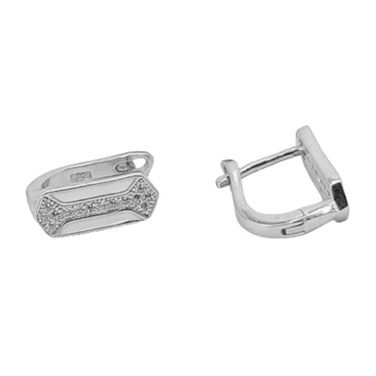 Silver earrings with rhodium finish, enamel, cubic zirconia, and Catalan clasp.