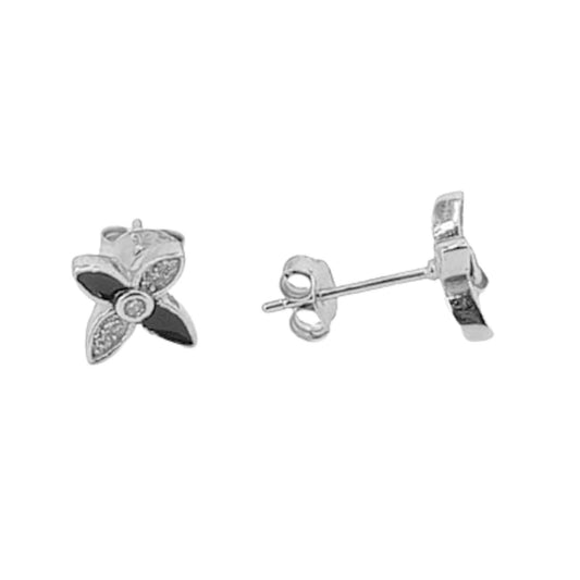 Silver cross earrings with rhodium-plated enamel finish and cubic zirconia, push-back closure.