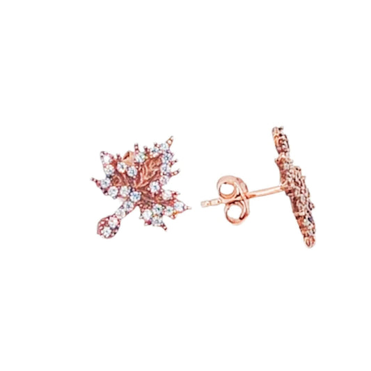 SILVER LEAF EARRINGS WITH PINK FINISH AND ZIRCONIAS, PRESSURE CLOSURE
