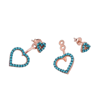 PENDIENTES CORAZON PLATA ACABADO ROSA TURQUESA NATURAL CIERRE PRESION