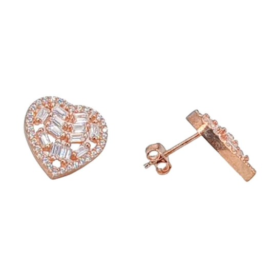 Heart-shaped earrings in silver with a rose gold finish and cubic zirconia stones, push-back closure.