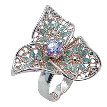 ANILLO PLATA ACABADO PLATEADO ESMALTE CIRCONITA VIOLETA