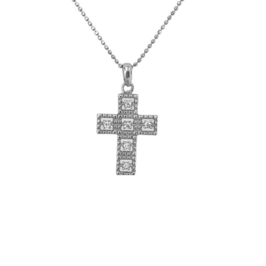 SILVER CROSS WITH RHODIUM FINISH AND ENGRAVED ZIRCONIAS