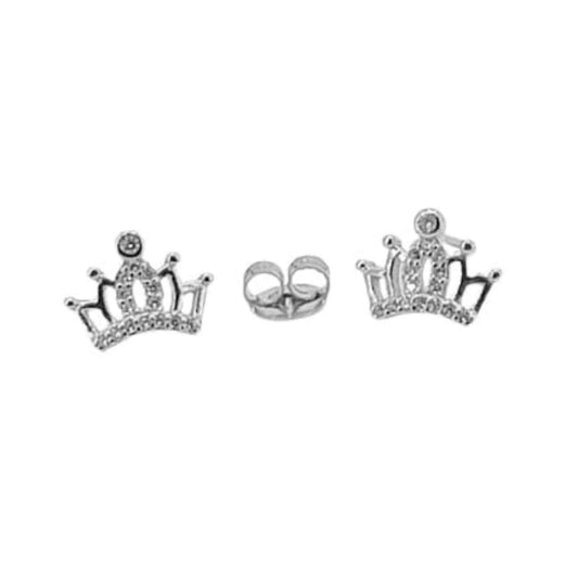 Crown earrings in silver rhodium-plated finish with cubic zirconia and push-back closure.