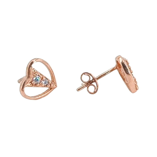 Heart-shaped earrings in silver with a rose gold finish and cubic zirconia stones, push-back closure.