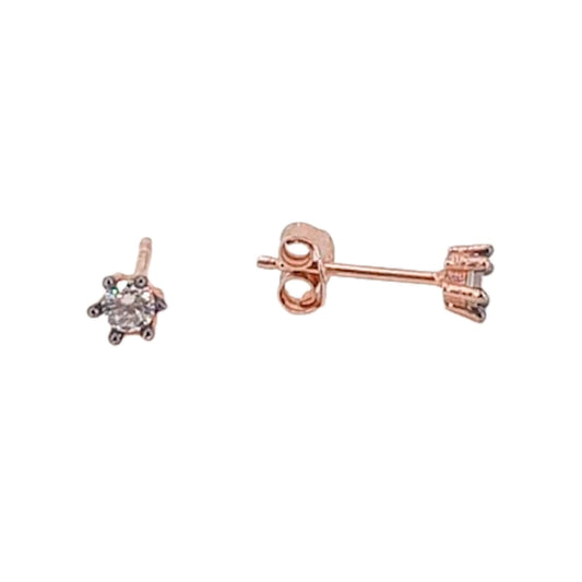 SOLITAIRE EARRINGS SILVER ROSE FINISH PRESSURE CLOSURE ZIRCONIA
